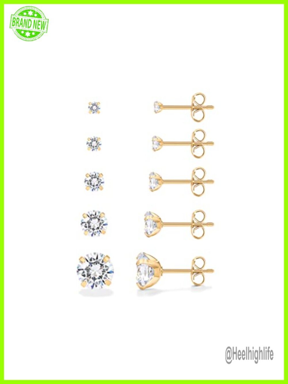 14K Gold Plated CZ Stud Earrings Set Waterproof Hypoallergenic 5 Pairs